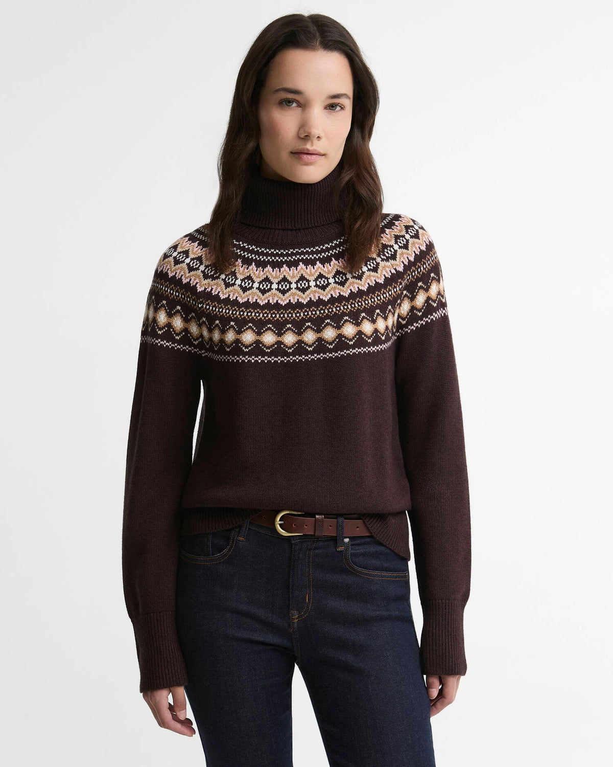 Barbour Darwen Fair Isle Rollneck Jumper in Seal Brown