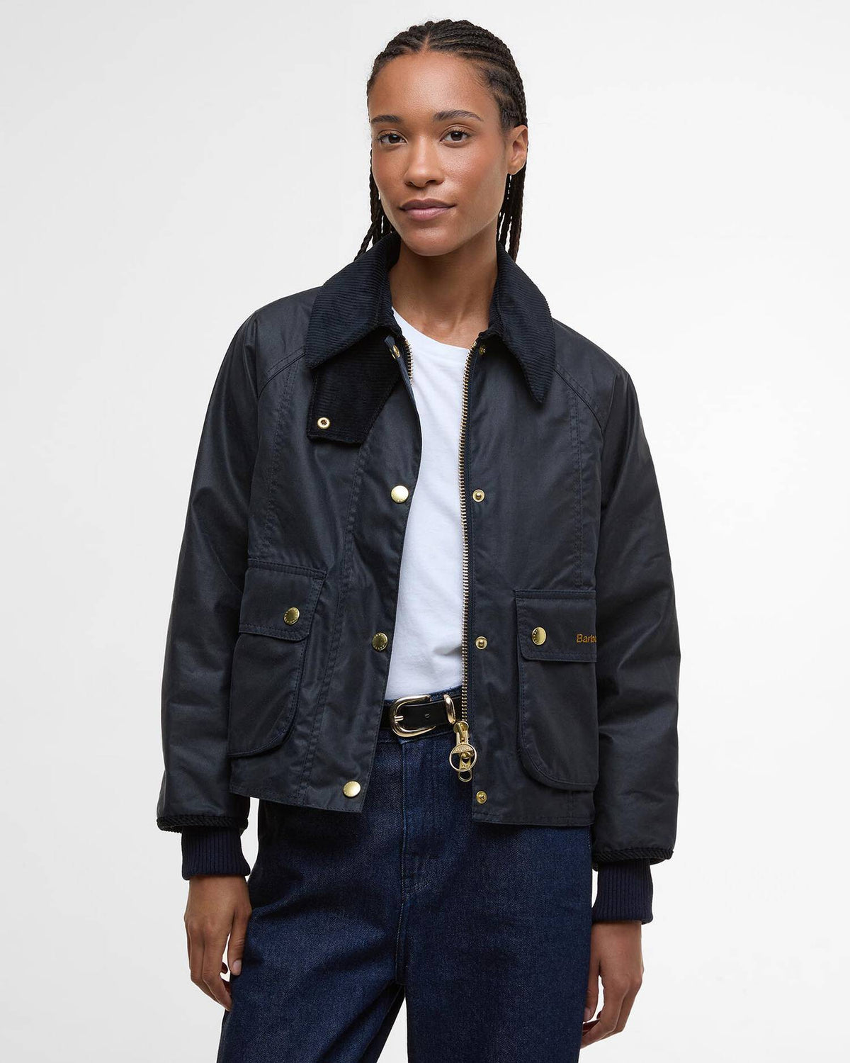 Barbour Cropped Beadnell Waxed Jacket in Navy/Classic