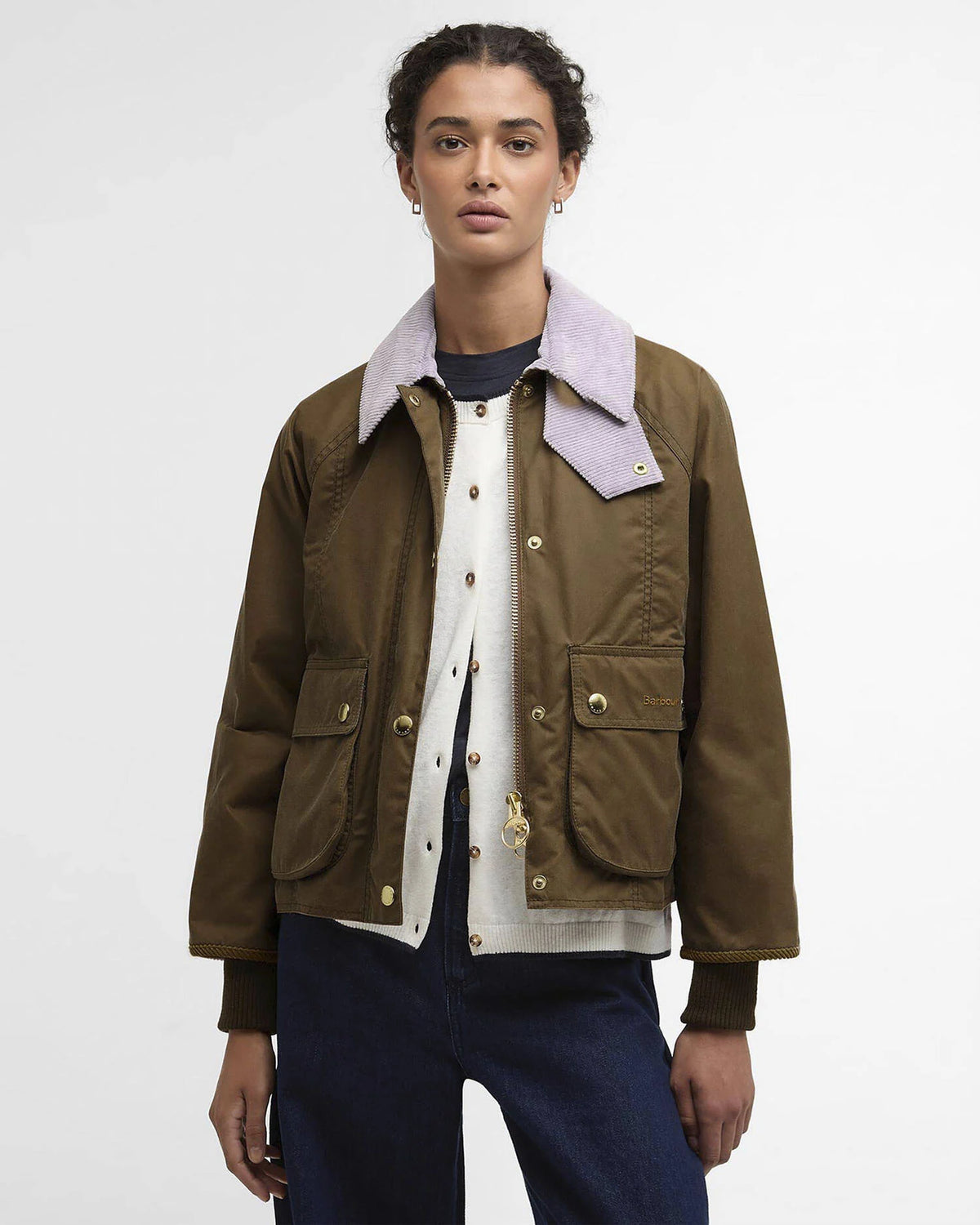 Barbour Cropped Beadnell Waxed Jacket in Sand/Lavender