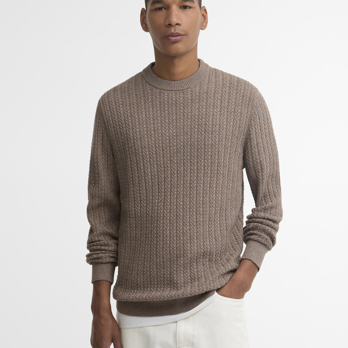 Barbour Herringbone Crew Neck Jumper in Stone