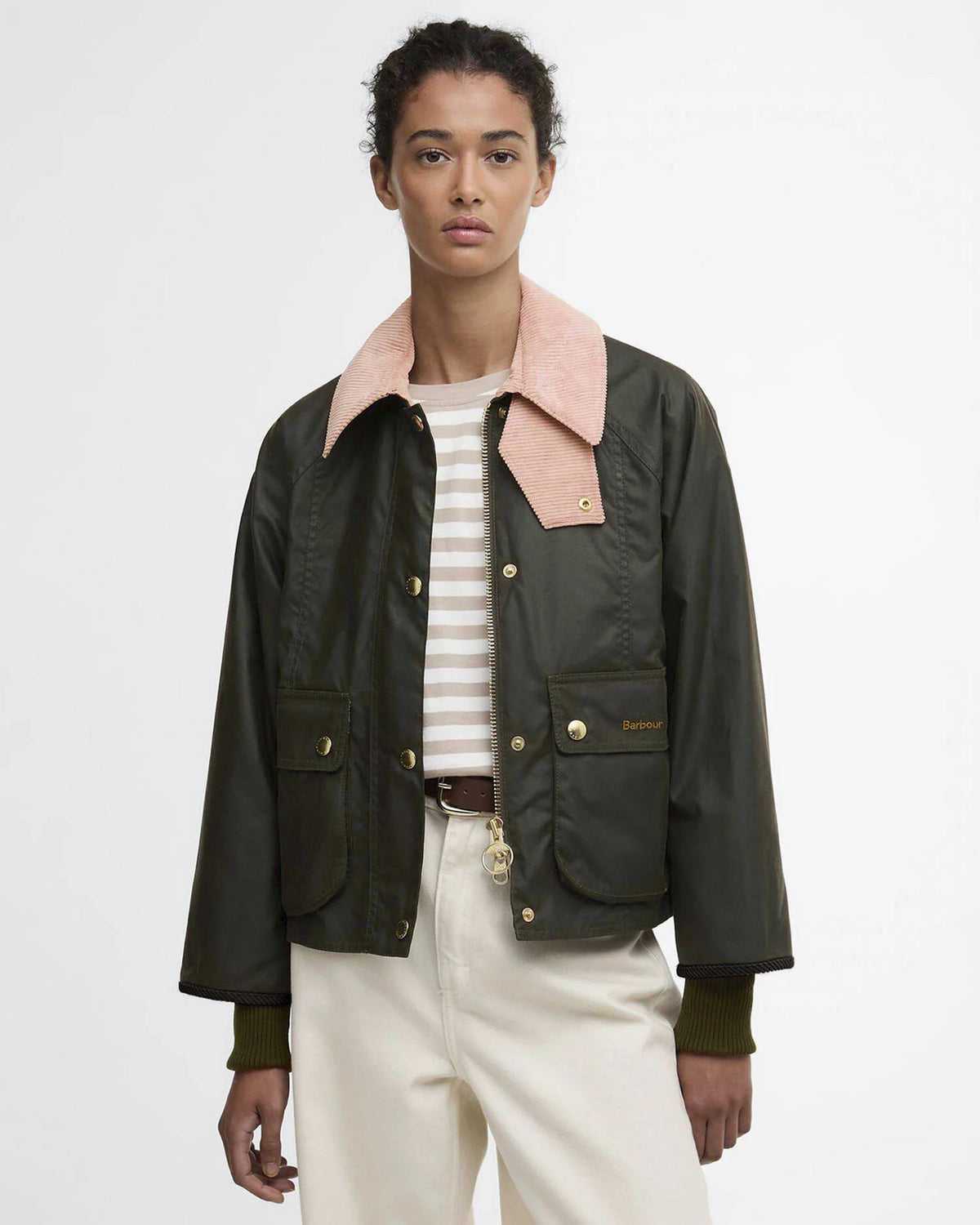 Barbour Cropped Beadnell Waxed Jacket in Archive Olive/Pink