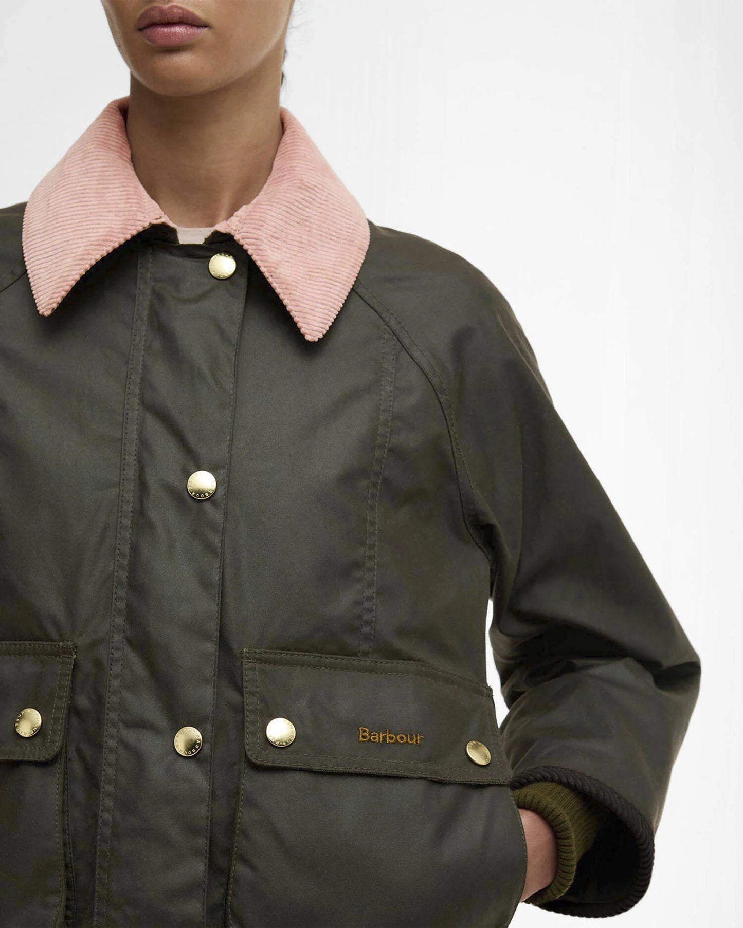 LIMITED EDITION! Barbour Cropped Beadnell Wax Jacket - Archive Olive/Pink