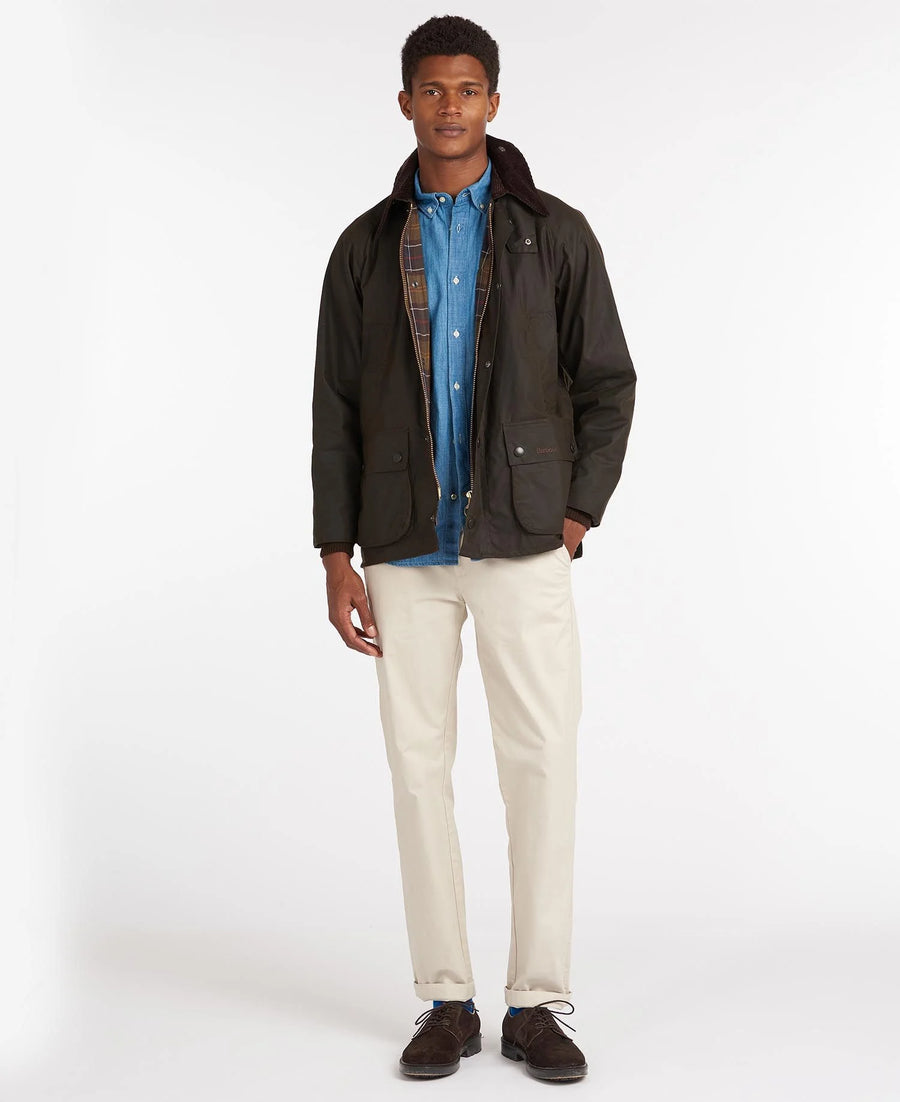 Man wearing the Barbour Bedale Waxed Jacket in Olive