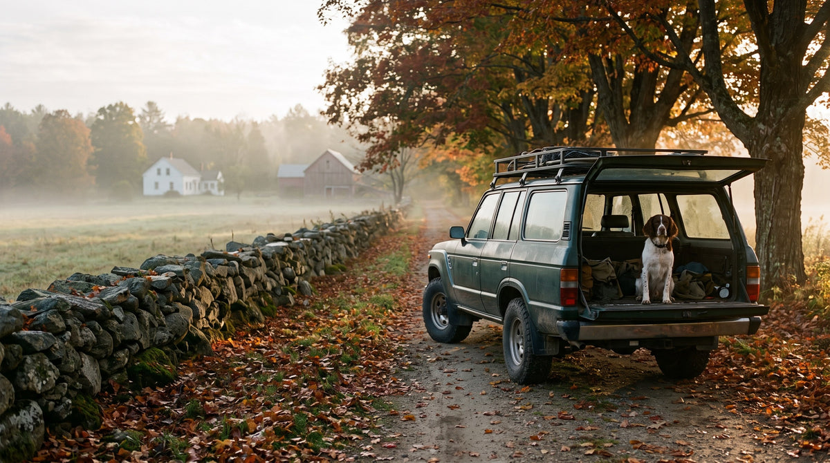 A springer spaniel in the back of an old green 4x4 on a New Hampshire dirt lane beside a stone wall in October