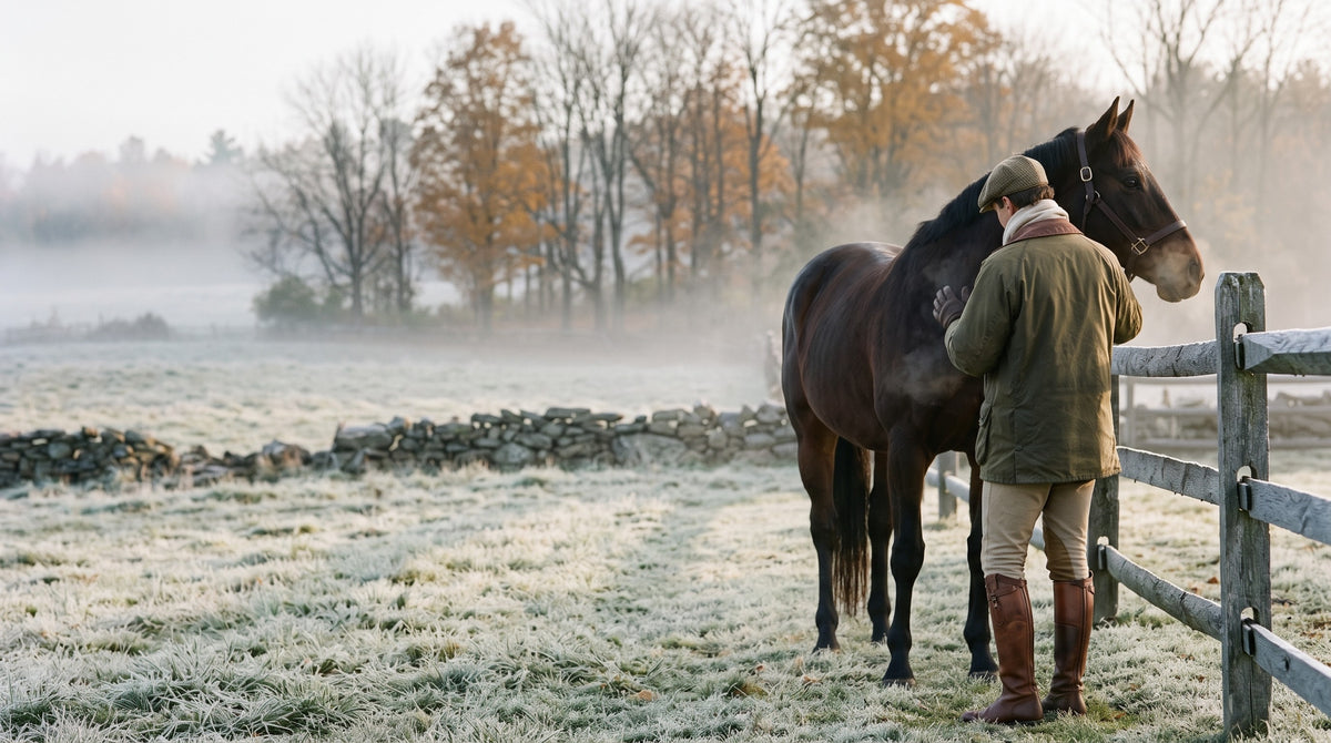 A rider in a waxed jacket and tall boots with a bay horse at a split-rail fence on a frosty autumn morning