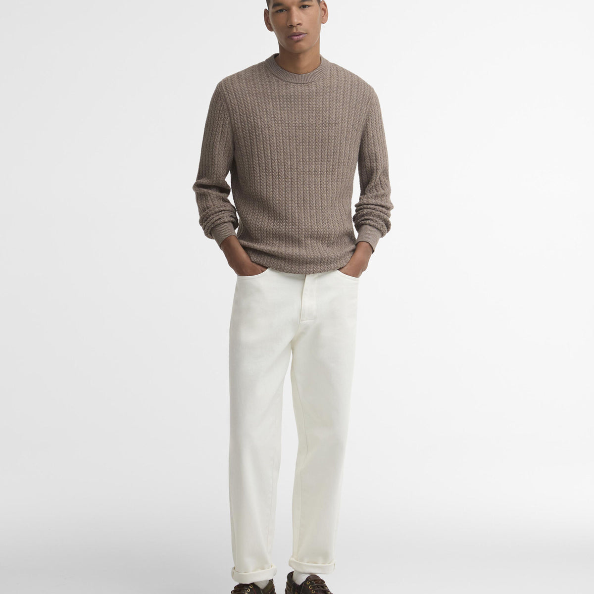 Barbour Herringbone Crew Neck Jumper in Stone
